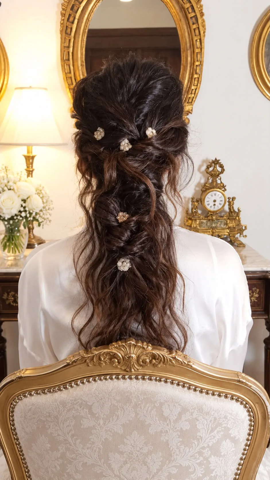 Recogido de novia trenzado con ondas y perlas visto de espaldas